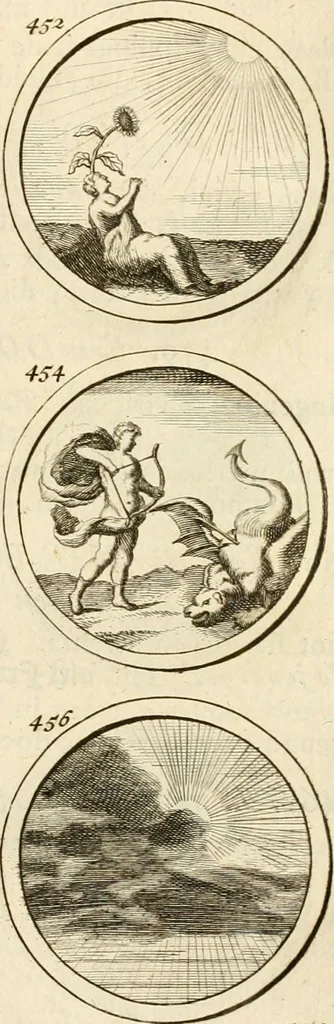 An illustration from Verzámeling van uitgekórene zin-spreuken, en zinnebeeldige print-vercieringen : eertyds, op bevel van den aller doorlugtigsten keizer der Russen, Peter Alexis, of de Gróte, getékent en gesnéden : en nu op nieus verrykt : met agthondert en veertig byschriften in verzen, 1743, leaf 168
