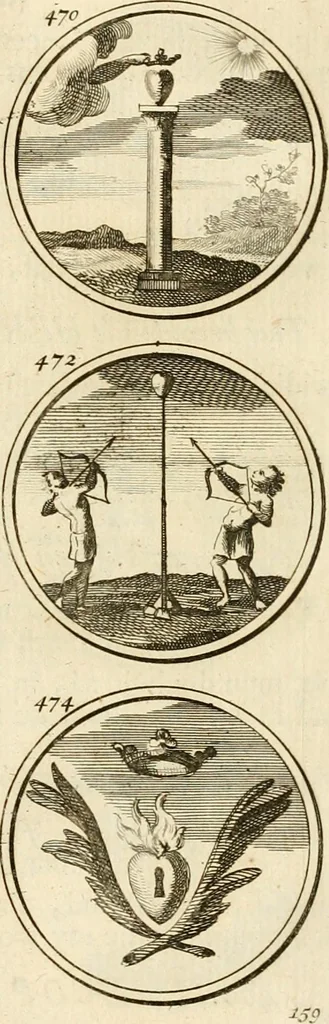 An illustration from Verzámeling van uitgekórene zin-spreuken, en zinnebeeldige print-vercieringen : eertyds, op bevel van den aller doorlugtigsten keizer der Russen, Peter Alexis, of de Gróte, getékent en gesnéden : en nu op nieus verrykt : met agthondert en veertig byschriften in verzen, 1743, leaf 174