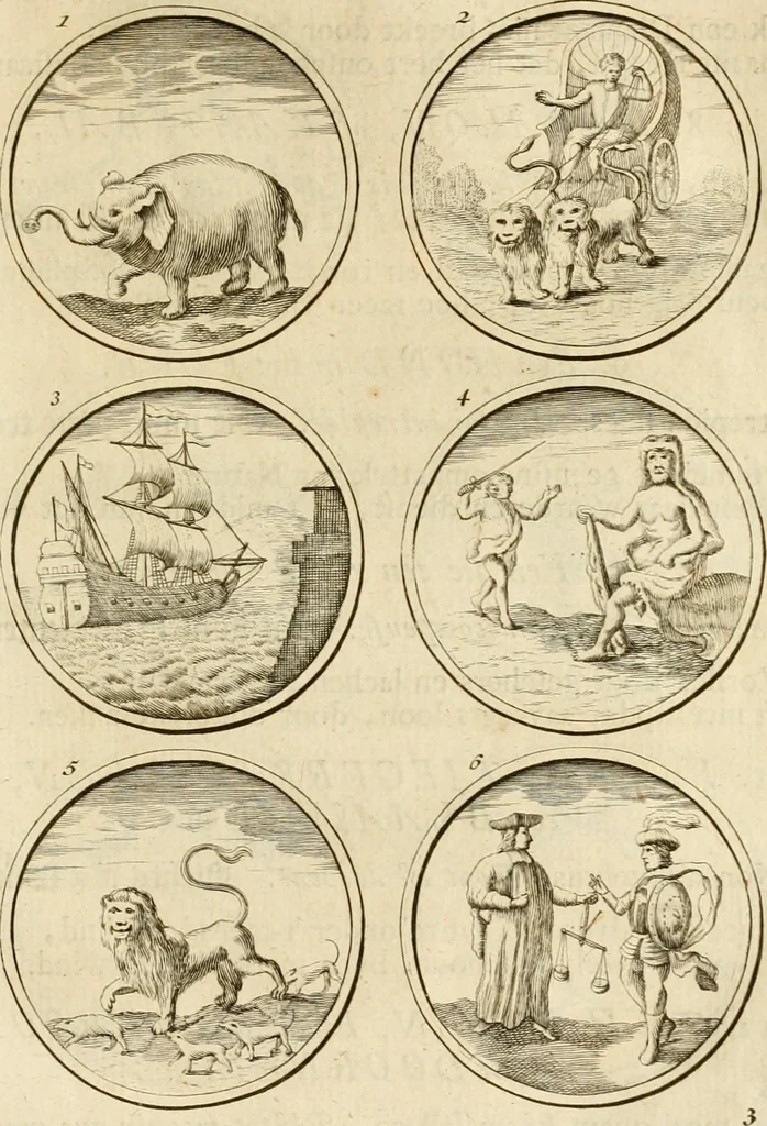 An illustration from Verzámeling van uitgekórene zin-spreuken, en zinnebeeldige print-vercieringen : eertyds, op bevel van den aller doorlugtigsten keizer der Russen, Peter Alexis, of de Gróte, getékent en gesnéden : en nu op nieus verrykt : met agthondert en veertig byschriften in verzen, 1743, leaf 18