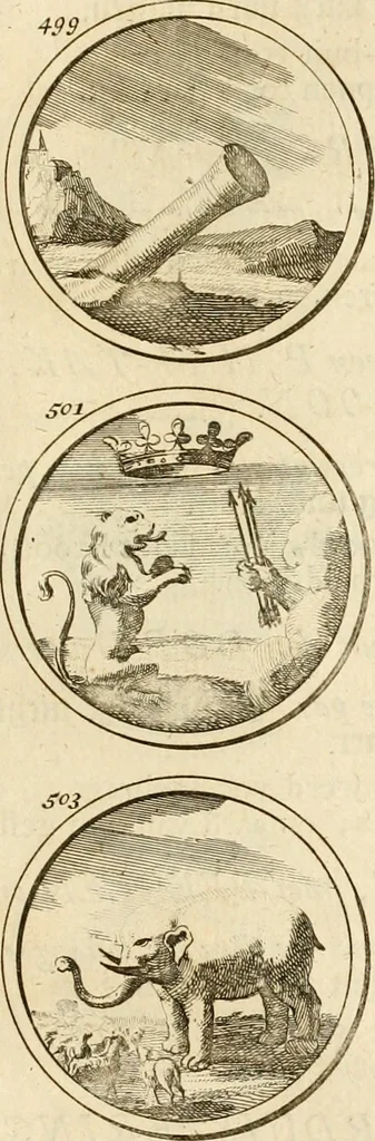 An illustration from Verzámeling van uitgekórene zin-spreuken, en zinnebeeldige print-vercieringen : eertyds, op bevel van den aller doorlugtigsten keizer der Russen, Peter Alexis, of de Gróte, getékent en gesnéden : en nu op nieus verrykt : met agthondert en veertig byschriften in verzen, 1743, leaf 184