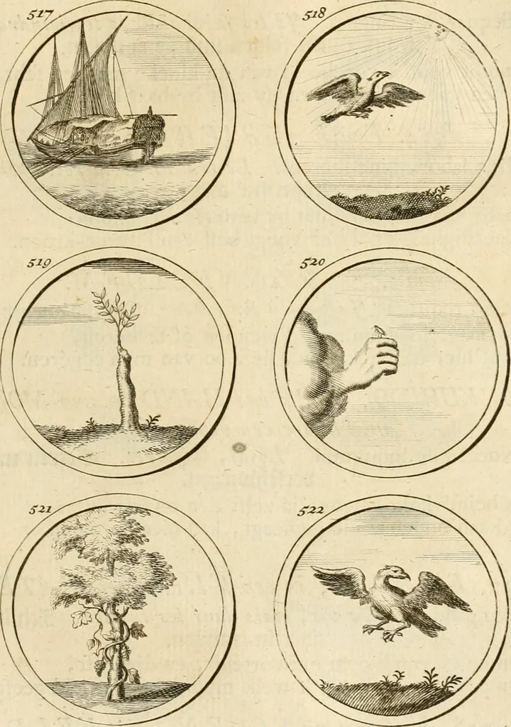 An illustration from Verzámeling van uitgekórene zin-spreuken, en zinnebeeldige print-vercieringen : eertyds, op bevel van den aller doorlugtigsten keizer der Russen, Peter Alexis, of de Gróte, getékent en gesnéden : en nu op nieus verrykt : met agthondert en veertig byschriften in verzen, 1743, leaf 190