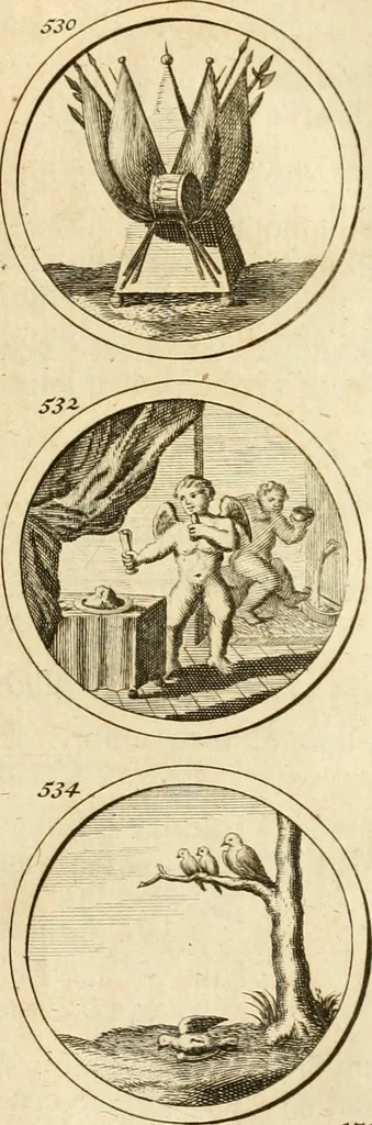 An illustration from Verzámeling van uitgekórene zin-spreuken, en zinnebeeldige print-vercieringen : eertyds, op bevel van den aller doorlugtigsten keizer der Russen, Peter Alexis, of de Gróte, getékent en gesnéden : en nu op nieus verrykt : met agthondert en veertig byschriften in verzen, 1743, leaf 194