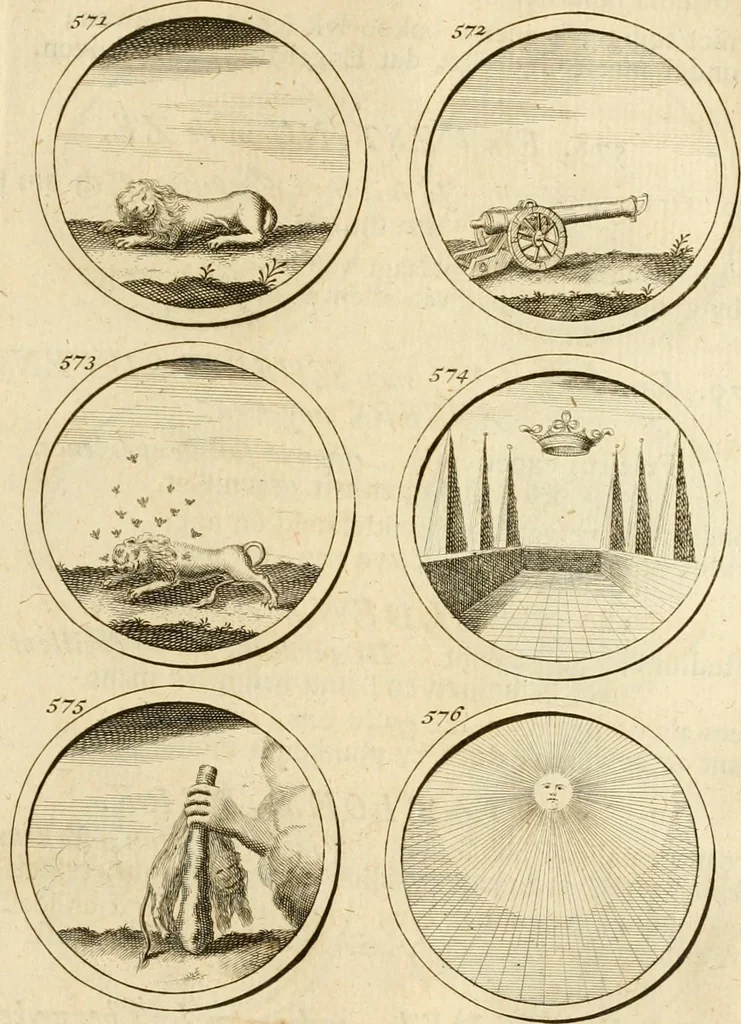 An illustration from Verzámeling van uitgekórene zin-spreuken, en zinnebeeldige print-vercieringen : eertyds, op bevel van den aller doorlugtigsten keizer der Russen, Peter Alexis, of de Gróte, getékent en gesnéden : en nu op nieus verrykt : met agthondert en veertig byschriften in verzen, 1743, leaf 208