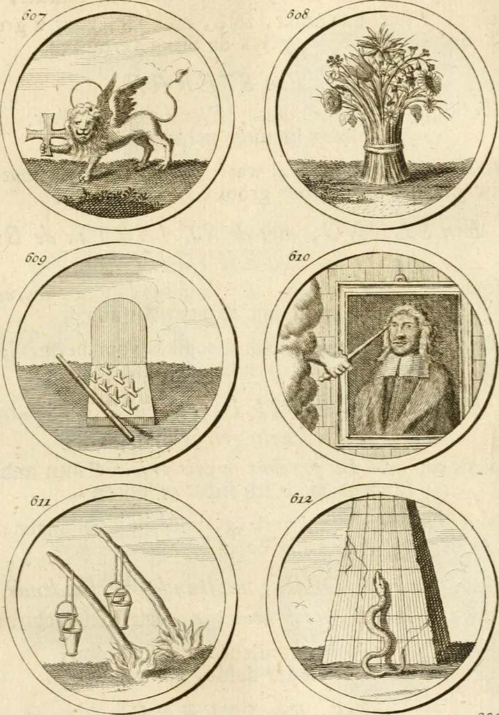 An illustration from Verzámeling van uitgekórene zin-spreuken, en zinnebeeldige print-vercieringen : eertyds, op bevel van den aller doorlugtigsten keizer der Russen, Peter Alexis, of de Gróte, getékent en gesnéden : en nu op nieus verrykt : met agthondert en veertig byschriften in verzen, 1743, leaf 220