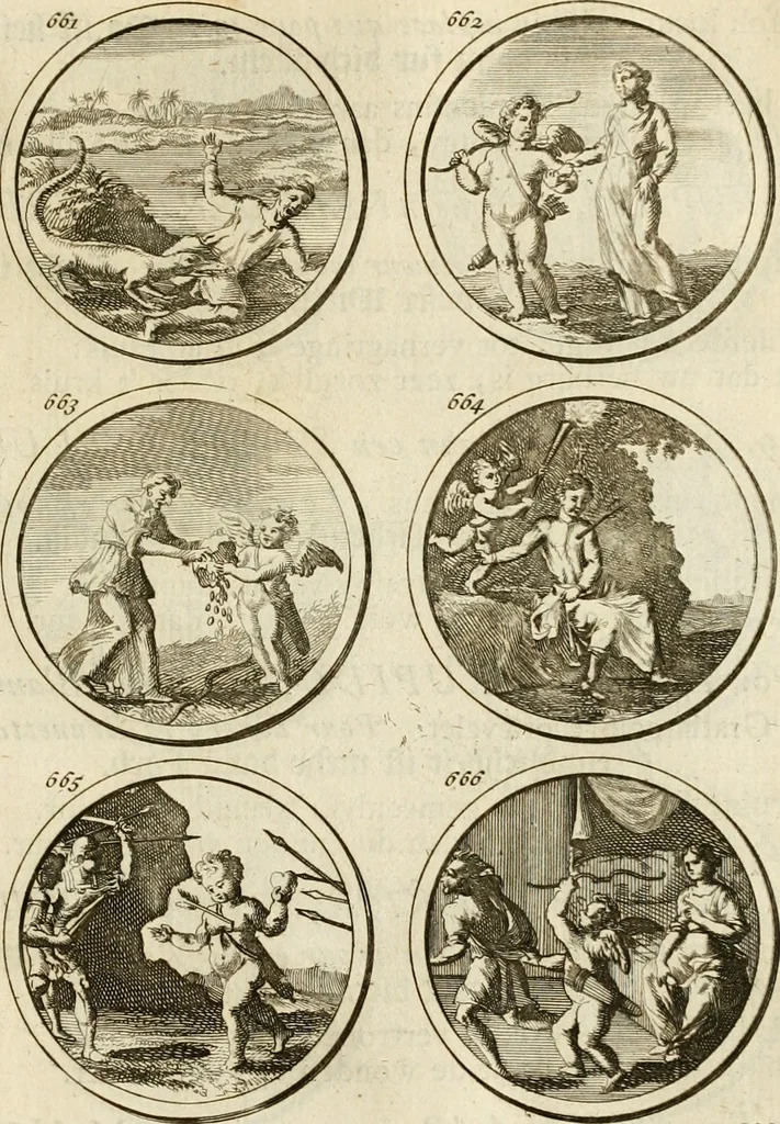 An illustration from Verzámeling van uitgekórene zin-spreuken, en zinnebeeldige print-vercieringen : eertyds, op bevel van den aller doorlugtigsten keizer der Russen, Peter Alexis, of de Gróte, getékent en gesnéden : en nu op nieus verrykt : met agthondert en veertig byschriften in verzen, 1743, leaf 238