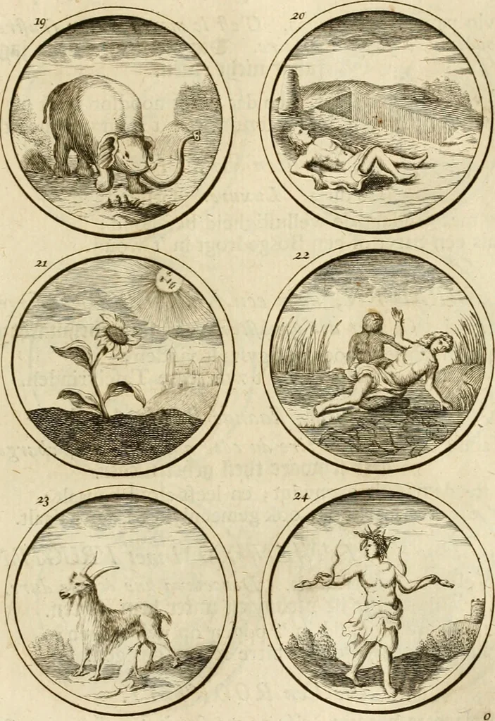 An illustration from Verzámeling van uitgekórene zin-spreuken, en zinnebeeldige print-vercieringen : eertyds, op bevel van den aller doorlugtigsten keizer der Russen, Peter Alexis, of de Gróte, getékent en gesnéden : en nu op nieus verrykt : met agthondert en veertig byschriften in verzen, 1743, leaf 24