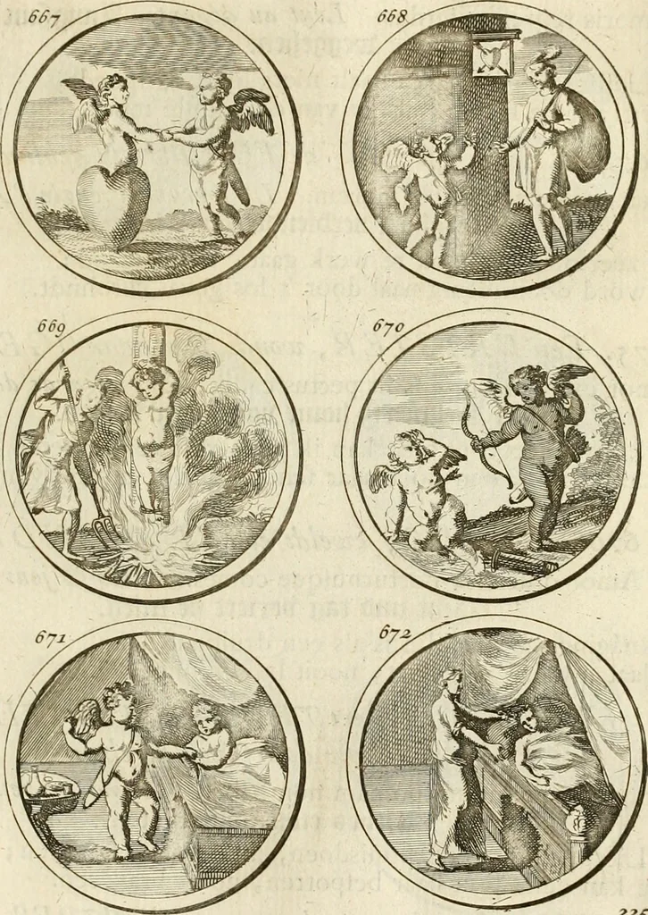 An illustration from Verzámeling van uitgekórene zin-spreuken, en zinnebeeldige print-vercieringen : eertyds, op bevel van den aller doorlugtigsten keizer der Russen, Peter Alexis, of de Gróte, getékent en gesnéden : en nu op nieus verrykt : met agthondert en veertig byschriften in verzen, 1743, leaf 240