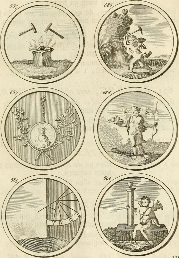An illustration from Verzámeling van uitgekórene zin-spreuken, en zinnebeeldige print-vercieringen : eertyds, op bevel van den aller doorlugtigsten keizer der Russen, Peter Alexis, of de Gróte, getékent en gesnéden : en nu op nieus verrykt : met agthondert en veertig byschriften in verzen, 1743, leaf 246