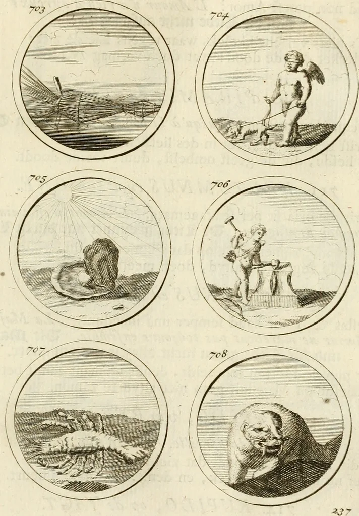 An illustration from Verzámeling van uitgekórene zin-spreuken, en zinnebeeldige print-vercieringen : eertyds, op bevel van den aller doorlugtigsten keizer der Russen, Peter Alexis, of de Gróte, getékent en gesnéden : en nu op nieus verrykt : met agthondert en veertig byschriften in verzen, 1743, leaf 252