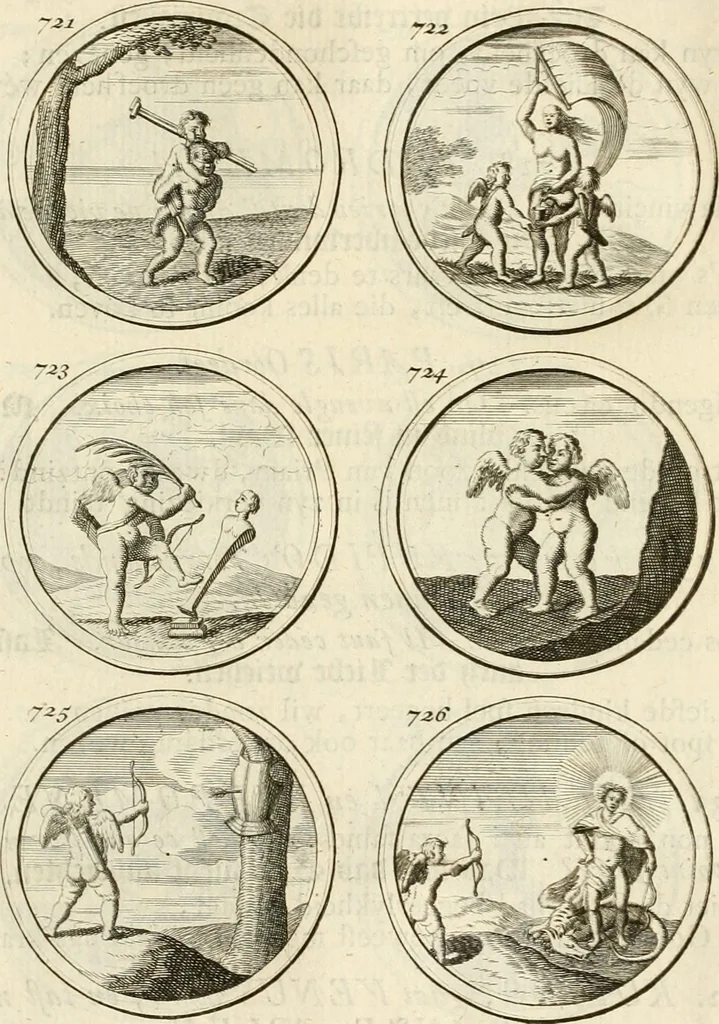 An illustration from Verzámeling van uitgekórene zin-spreuken, en zinnebeeldige print-vercieringen : eertyds, op bevel van den aller doorlugtigsten keizer der Russen, Peter Alexis, of de Gróte, getékent en gesnéden : en nu op nieus verrykt : met agthondert en veertig byschriften in verzen, 1743, leaf 258
