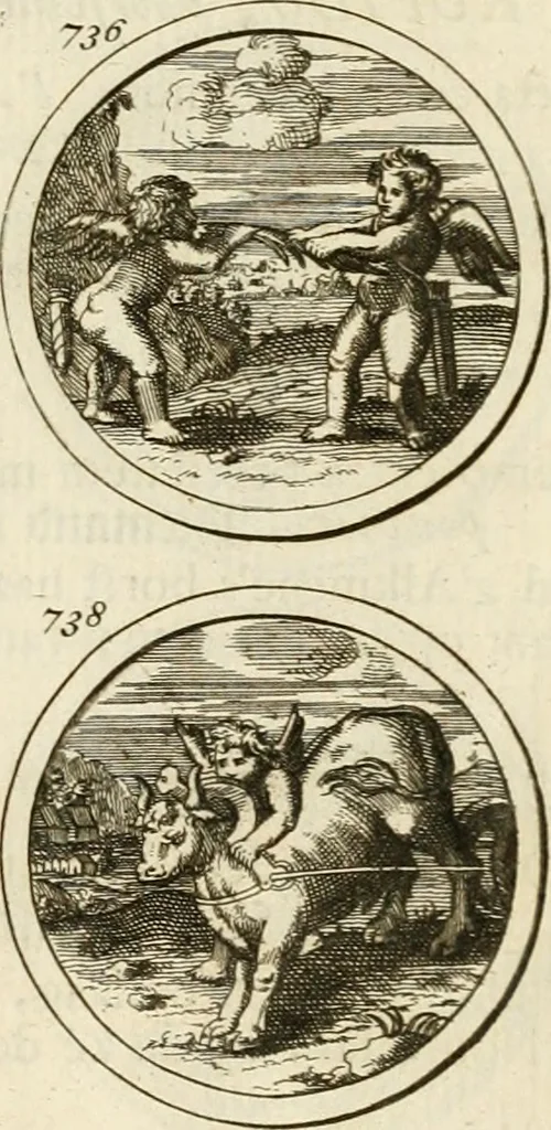 An illustration from Verzámeling van uitgekórene zin-spreuken, en zinnebeeldige print-vercieringen : eertyds, op bevel van den aller doorlugtigsten keizer der Russen, Peter Alexis, of de Gróte, getékent en gesnéden : en nu op nieus verrykt : met agthondert en veertig byschriften in verzen, 1743, leaf 262