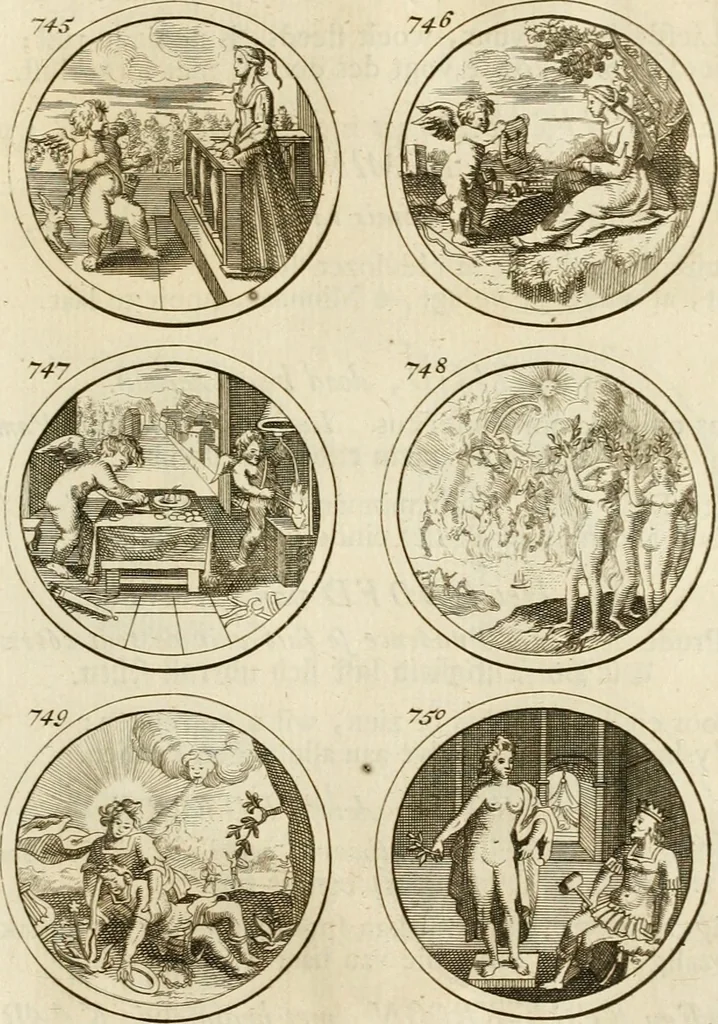 An illustration from Verzámeling van uitgekórene zin-spreuken, en zinnebeeldige print-vercieringen : eertyds, op bevel van den aller doorlugtigsten keizer der Russen, Peter Alexis, of de Gróte, getékent en gesnéden : en nu op nieus verrykt : met agthondert en veertig byschriften in verzen, 1743, leaf 266