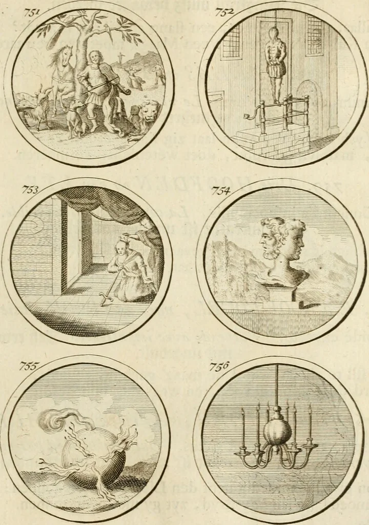 An illustration from Verzámeling van uitgekórene zin-spreuken, en zinnebeeldige print-vercieringen : eertyds, op bevel van den aller doorlugtigsten keizer der Russen, Peter Alexis, of de Gróte, getékent en gesnéden : en nu op nieus verrykt : met agthondert en veertig byschriften in verzen, 1743, leaf 268