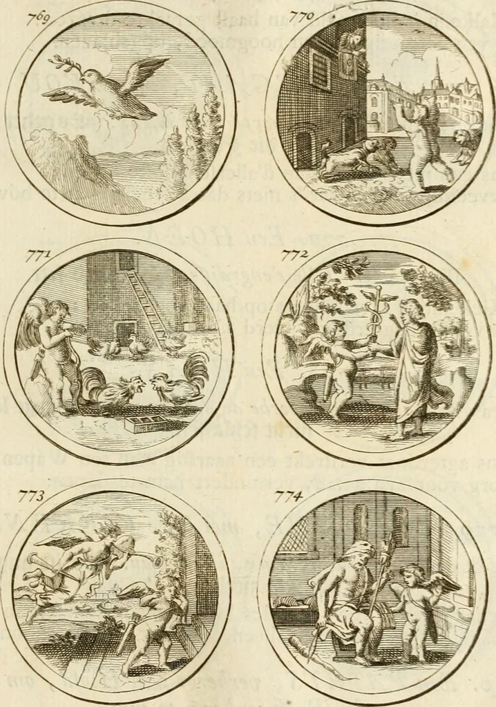 An illustration from Verzámeling van uitgekórene zin-spreuken, en zinnebeeldige print-vercieringen : eertyds, op bevel van den aller doorlugtigsten keizer der Russen, Peter Alexis, of de Gróte, getékent en gesnéden : en nu op nieus verrykt : met agthondert en veertig byschriften in verzen, 1743, leaf 274