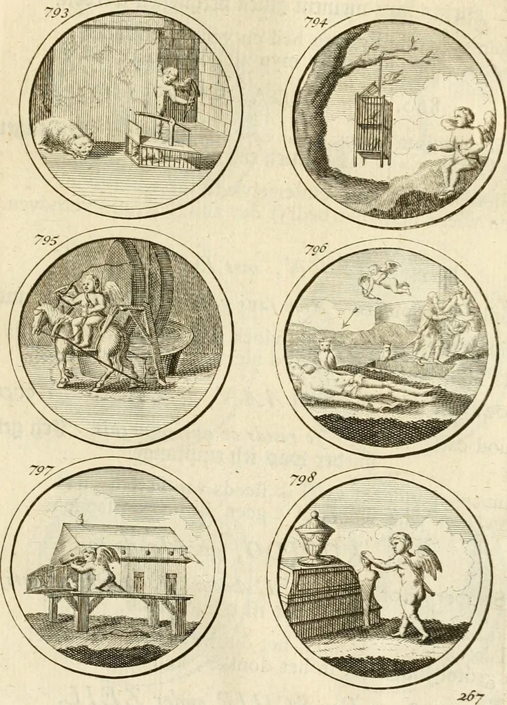 An illustration from Verzámeling van uitgekórene zin-spreuken, en zinnebeeldige print-vercieringen : eertyds, op bevel van den aller doorlugtigsten keizer der Russen, Peter Alexis, of de Gróte, getékent en gesnéden : en nu op nieus verrykt : met agthondert en veertig byschriften in verzen, 1743, leaf 282
