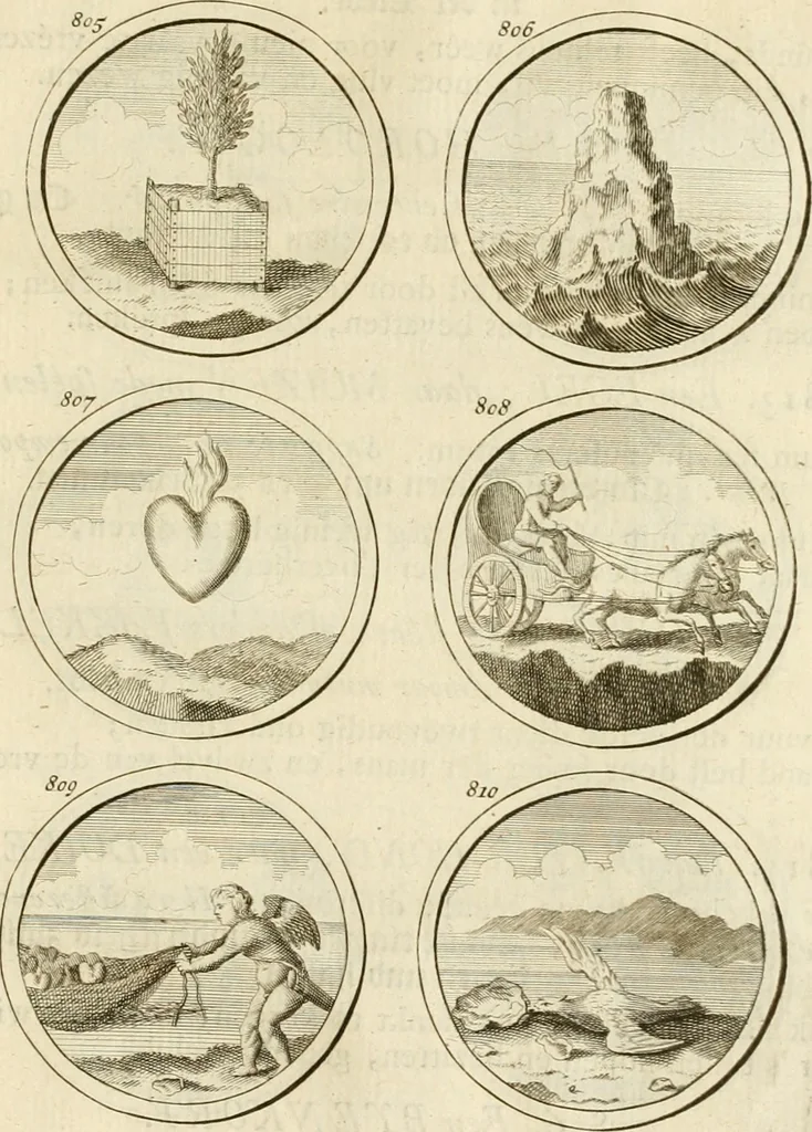 An illustration from Verzámeling van uitgekórene zin-spreuken, en zinnebeeldige print-vercieringen : eertyds, op bevel van den aller doorlugtigsten keizer der Russen, Peter Alexis, of de Gróte, getékent en gesnéden : en nu op nieus verrykt : met agthondert en veertig byschriften in verzen, 1743, leaf 286