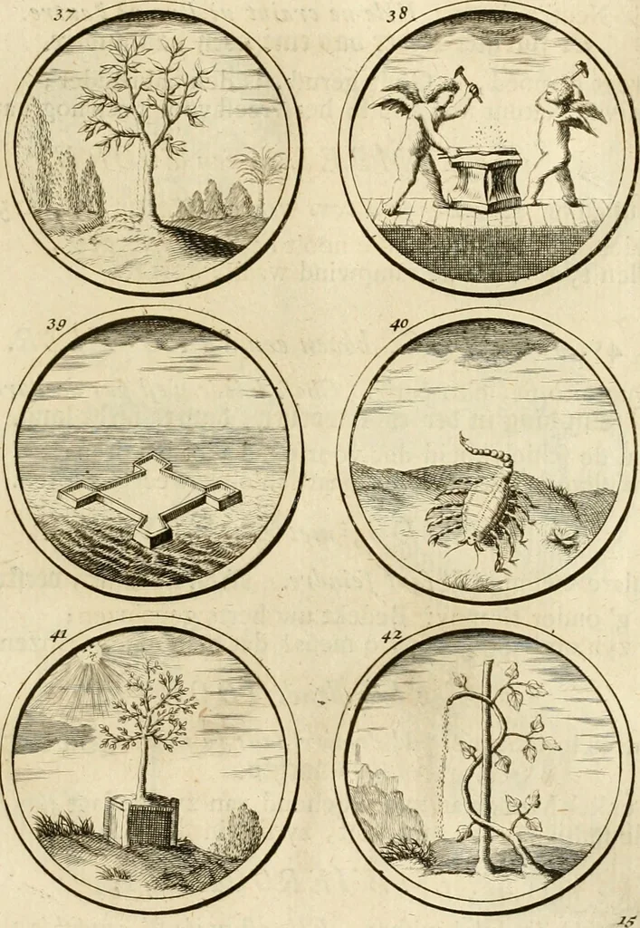 An illustration from Verzámeling van uitgekórene zin-spreuken, en zinnebeeldige print-vercieringen : eertyds, op bevel van den aller doorlugtigsten keizer der Russen, Peter Alexis, of de Gróte, getékent en gesnéden : en nu op nieus verrykt : met agthondert en veertig byschriften in verzen, 1743, leaf 30