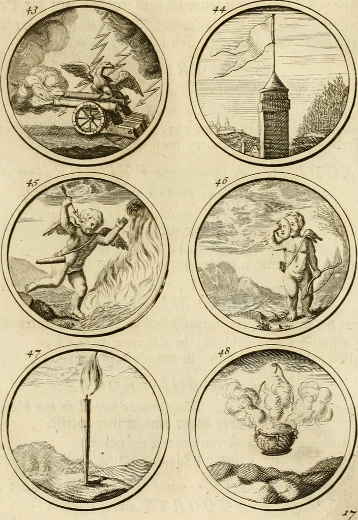 An illustration from Verzámeling van uitgekórene zin-spreuken, en zinnebeeldige print-vercieringen : eertyds, op bevel van den aller doorlugtigsten keizer der Russen, Peter Alexis, of de Gróte, getékent en gesnéden : en nu op nieus verrykt : met agthondert en veertig byschriften in verzen, 1743, leaf 32