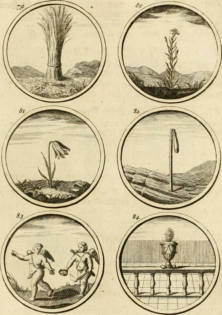An illustration from Verzámeling van uitgekórene zin-spreuken, en zinnebeeldige print-vercieringen : eertyds, op bevel van den aller doorlugtigsten keizer der Russen, Peter Alexis, of de Gróte, getékent en gesnéden : en nu op nieus verrykt : met agthondert en veertig byschriften in verzen, 1743, leaf 44