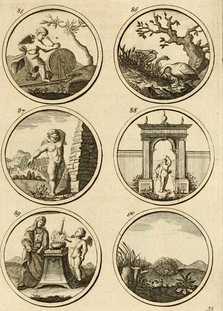 An illustration from Verzámeling van uitgekórene zin-spreuken, en zinnebeeldige print-vercieringen : eertyds, op bevel van den aller doorlugtigsten keizer der Russen, Peter Alexis, of de Gróte, getékent en gesnéden : en nu op nieus verrykt : met agthondert en veertig byschriften in verzen, 1743, leaf 46