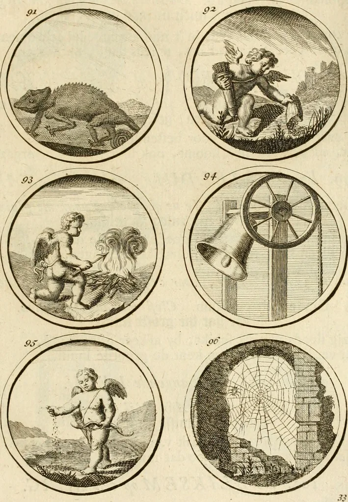 An illustration from Verzámeling van uitgekórene zin-spreuken, en zinnebeeldige print-vercieringen : eertyds, op bevel van den aller doorlugtigsten keizer der Russen, Peter Alexis, of de Gróte, getékent en gesnéden : en nu op nieus verrykt : met agthondert en veertig byschriften in verzen, 1743, leaf 48