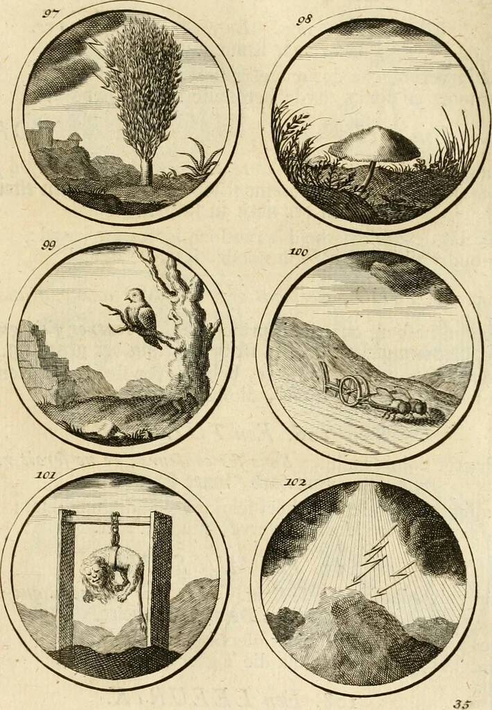 An illustration from Verzámeling van uitgekórene zin-spreuken, en zinnebeeldige print-vercieringen : eertyds, op bevel van den aller doorlugtigsten keizer der Russen, Peter Alexis, of de Gróte, getékent en gesnéden : en nu op nieus verrykt : met agthondert en veertig byschriften in verzen, 1743, leaf 50