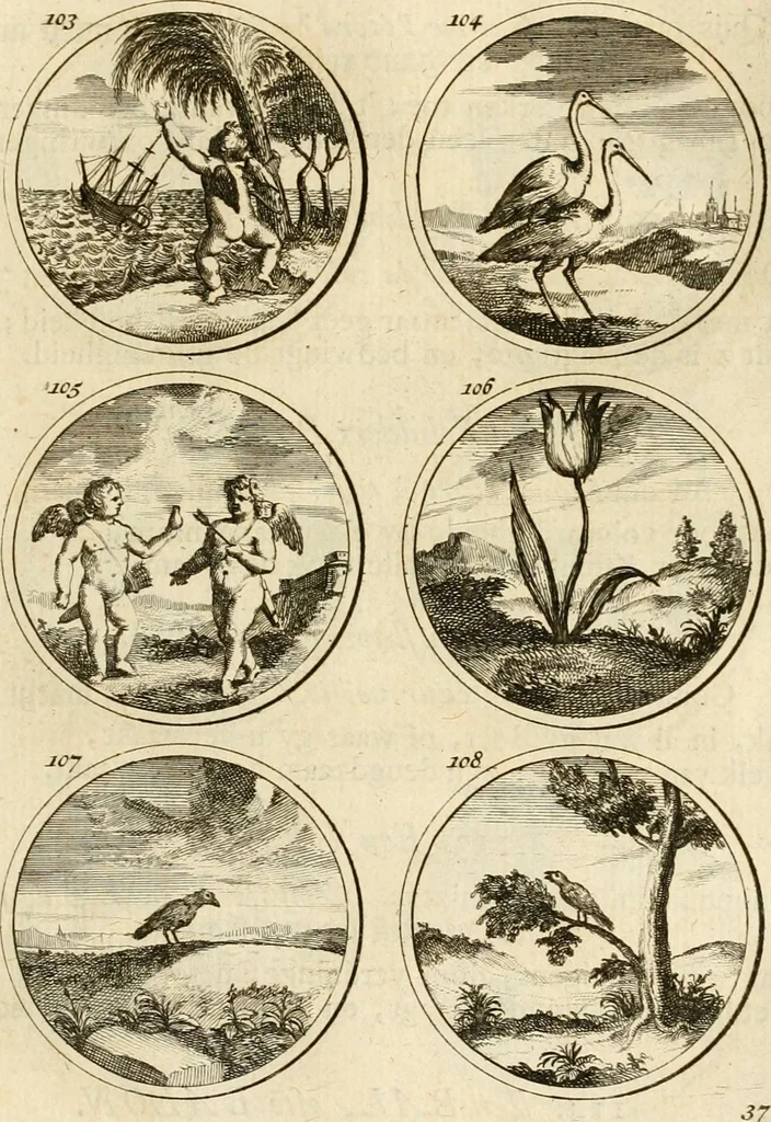 An illustration from Verzámeling van uitgekórene zin-spreuken, en zinnebeeldige print-vercieringen : eertyds, op bevel van den aller doorlugtigsten keizer der Russen, Peter Alexis, of de Gróte, getékent en gesnéden : en nu op nieus verrykt : met agthondert en veertig byschriften in verzen, 1743, leaf 52