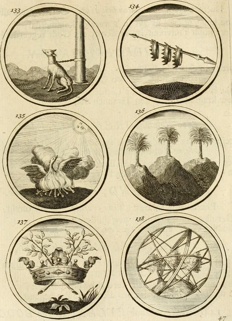 An illustration from Verzámeling van uitgekórene zin-spreuken, en zinnebeeldige print-vercieringen : eertyds, op bevel van den aller doorlugtigsten keizer der Russen, Peter Alexis, of de Gróte, getékent en gesnéden : en nu op nieus verrykt : met agthondert en veertig byschriften in verzen, 1743, leaf 62