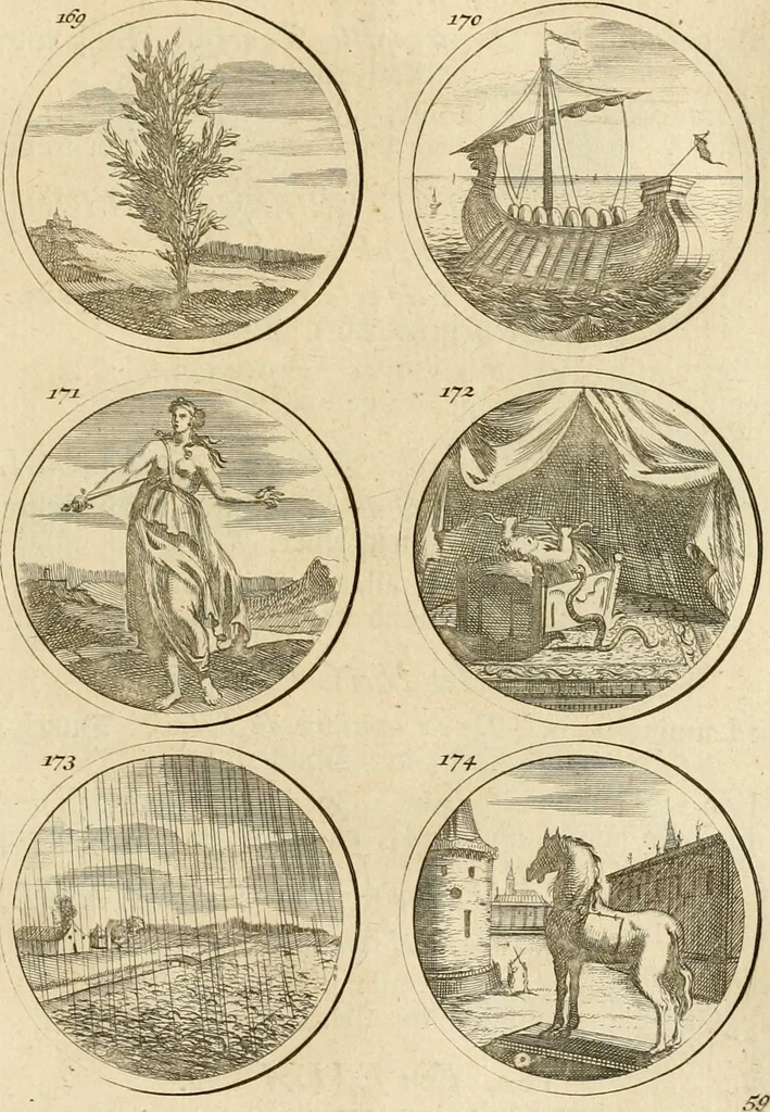 An illustration from Verzámeling van uitgekórene zin-spreuken, en zinnebeeldige print-vercieringen : eertyds, op bevel van den aller doorlugtigsten keizer der Russen, Peter Alexis, of de Gróte, getékent en gesnéden : en nu op nieus verrykt : met agthondert en veertig byschriften in verzen, 1743, leaf 74