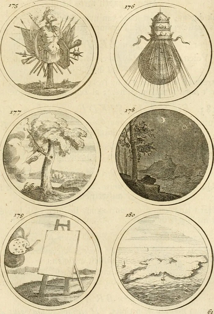 An illustration from Verzámeling van uitgekórene zin-spreuken, en zinnebeeldige print-vercieringen : eertyds, op bevel van den aller doorlugtigsten keizer der Russen, Peter Alexis, of de Gróte, getékent en gesnéden : en nu op nieus verrykt : met agthondert en veertig byschriften in verzen, 1743, leaf 76