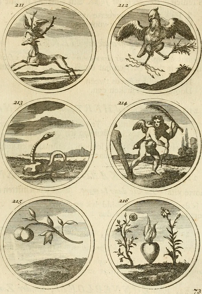 An illustration from Verzámeling van uitgekórene zin-spreuken, en zinnebeeldige print-vercieringen : eertyds, op bevel van den aller doorlugtigsten keizer der Russen, Peter Alexis, of de Gróte, getékent en gesnéden : en nu op nieus verrykt : met agthondert en veertig byschriften in verzen, 1743, leaf 88