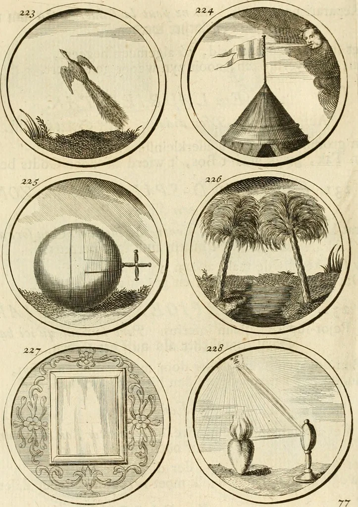 An illustration from Verzámeling van uitgekórene zin-spreuken, en zinnebeeldige print-vercieringen : eertyds, op bevel van den aller doorlugtigsten keizer der Russen, Peter Alexis, of de Gróte, getékent en gesnéden : en nu op nieus verrykt : met agthondert en veertig byschriften in verzen, 1743, leaf 92