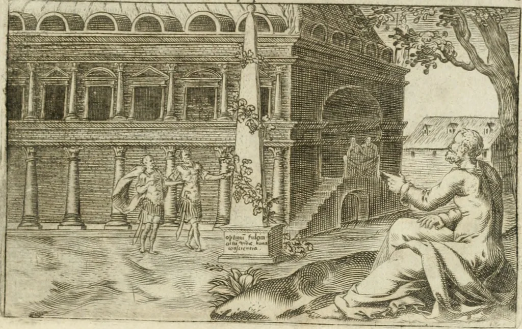 An illustration from Iani Iacobi Boissardi Vesuntini Emblematum liber = Emblemes latins de I.I. Boissard, 1588, leaf 38