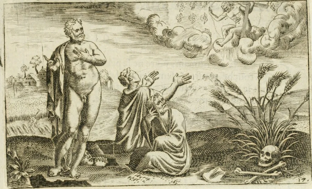 An illustration from Iani Iacobi Boissardi Vesuntini Emblematum liber = Emblemes latins de I.I. Boissard, 1588, leaf 44