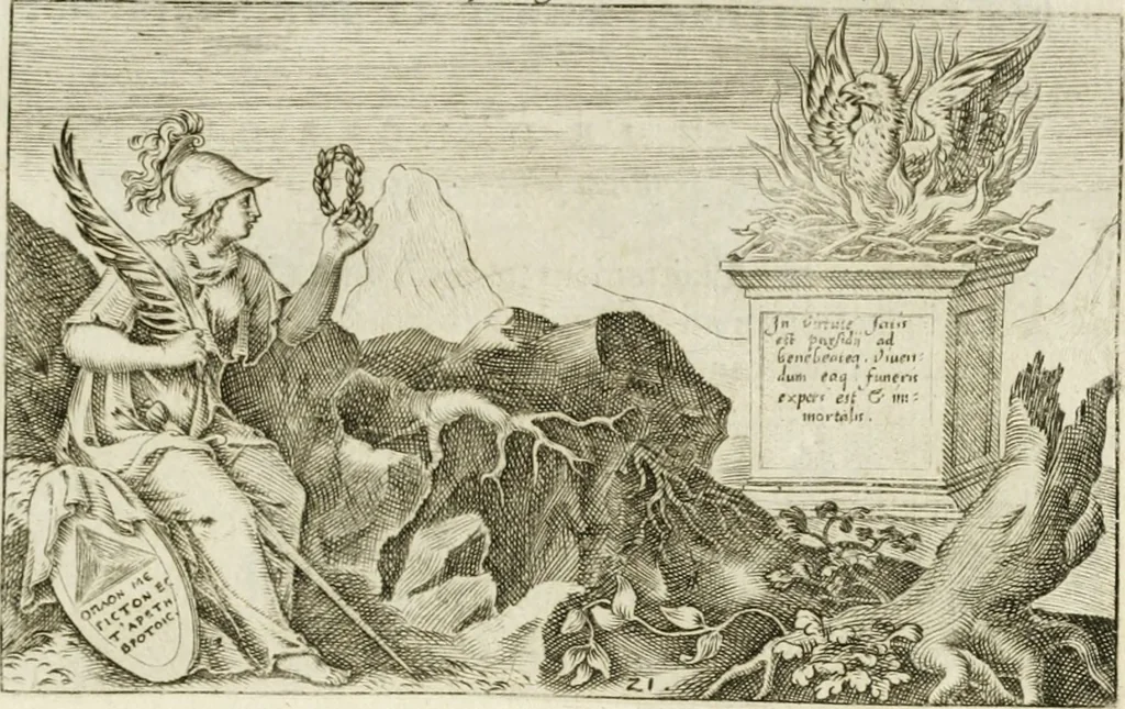 An illustration from Iani Iacobi Boissardi Vesuntini Emblematum liber = Emblemes latins de I.I. Boissard, 1588, leaf 52