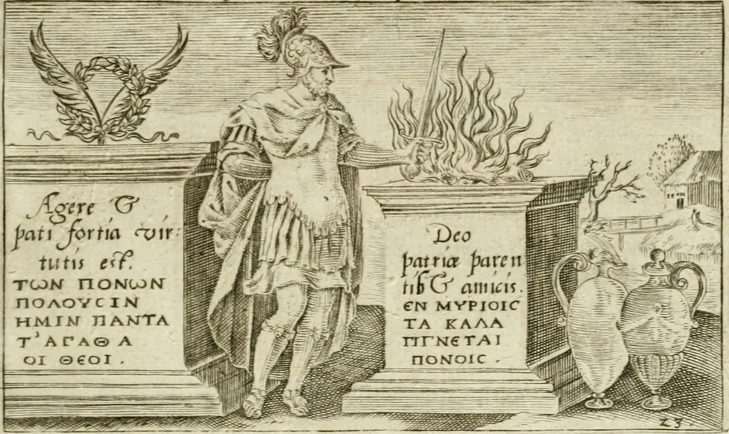 An illustration from Iani Iacobi Boissardi Vesuntini Emblematum liber = Emblemes latins de I.I. Boissard, 1588, leaf 54
