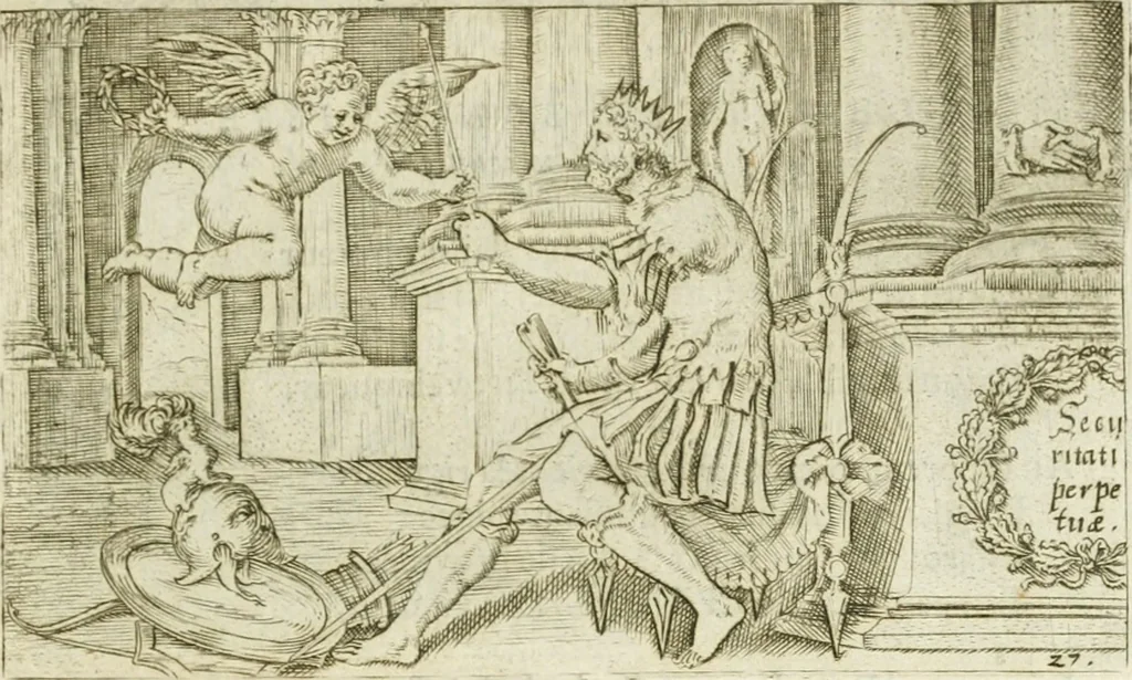 An illustration from Iani Iacobi Boissardi Vesuntini Emblematum liber = Emblemes latins de I.I. Boissard, 1588, leaf 82