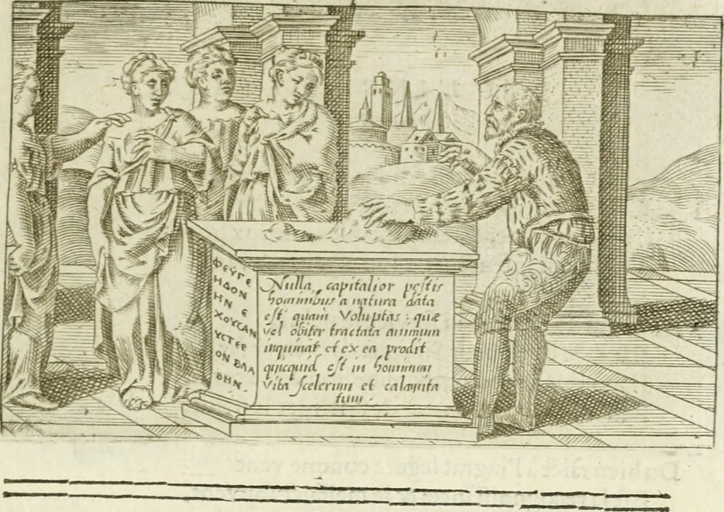 An illustration from Iani Iacobi Boissardi Vesuntini Emblematum liber = Emblemes latins de I.I. Boissard, 1588, leaf 94
