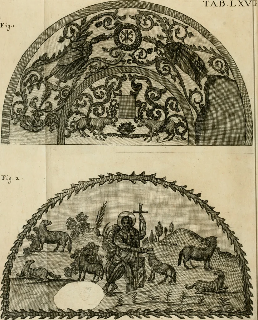 An illustration from Vetera monimenta : in quibus praecipuè musiva opera sacarum profanarumque aedium structura, ac nonnulli antiqui ritus, dissertationibus, iconibusque illustrantur, 1690, leaf 385