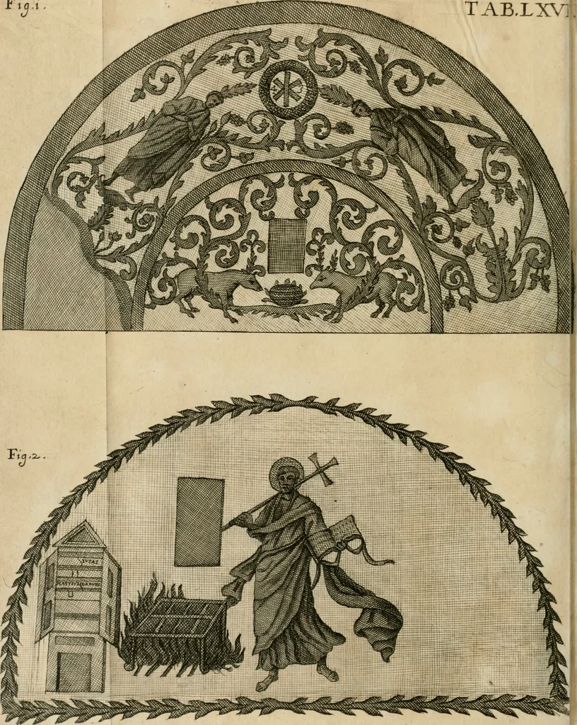 An illustration from Vetera monimenta : in quibus praecipuè musiva opera sacarum profanarumque aedium structura, ac nonnulli antiqui ritus, dissertationibus, iconibusque illustrantur, 1690, leaf 387