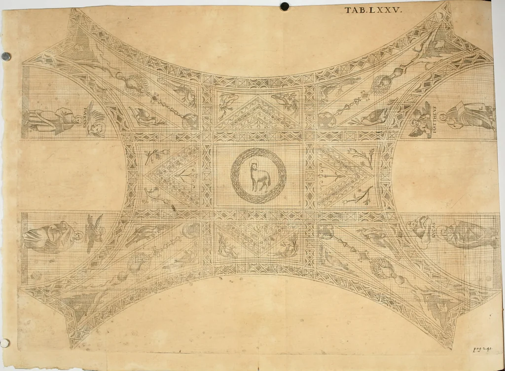 An illustration from Vetera monimenta : in quibus praecipuè musiva opera sacarum profanarumque aedium structura, ac nonnulli antiqui ritus, dissertationibus, iconibusque illustrantur, 1690, leaf 416