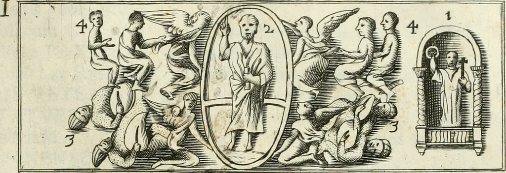 An illustration from Vetera monimenta : in quibus praecipuè musiva opera sacarum profanarumque aedium structura, ac nonnulli antiqui ritus, dissertationibus, iconibusque illustrantur, 1690, leaf 78