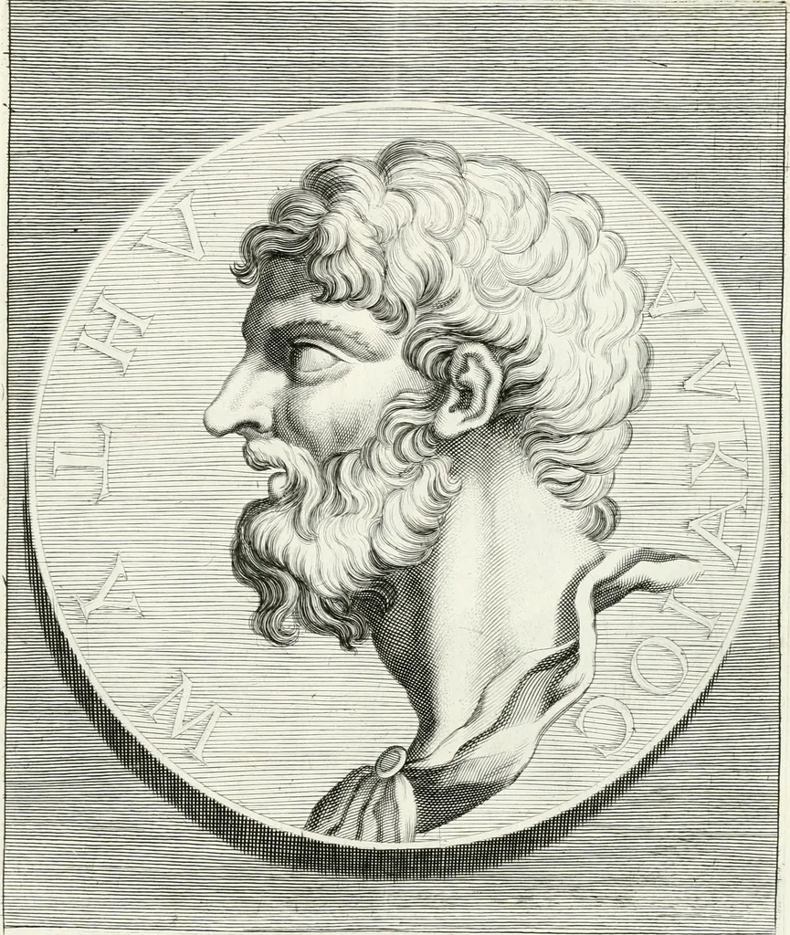An illustration from Veterum illustrium philosophorum, poetarum, rhetorum, et oratorum imagines : ex vetustis nummis, gemmis, hermis, marmoribus, alijsque antiquis monumentis desumptae, 1685, leaf 120