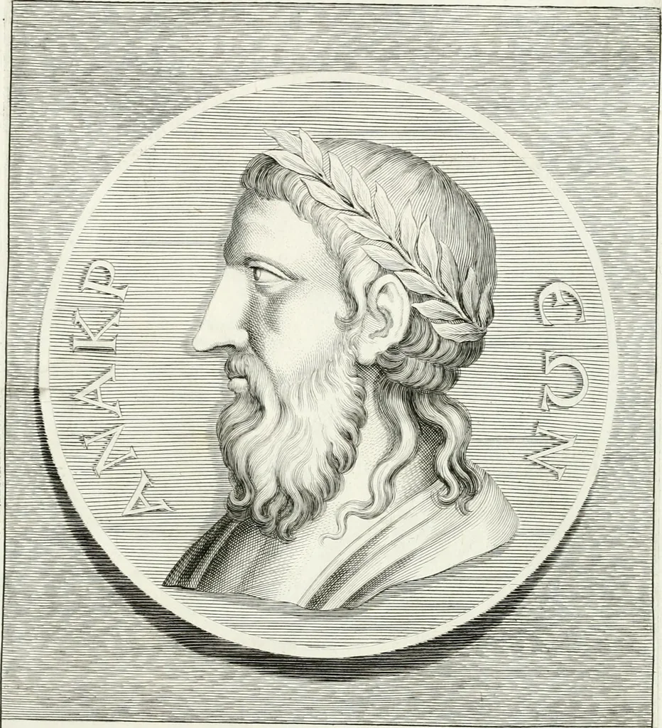 An illustration from Veterum illustrium philosophorum, poetarum, rhetorum, et oratorum imagines : ex vetustis nummis, gemmis, hermis, marmoribus, alijsque antiquis monumentis desumptae, 1685, leaf 122