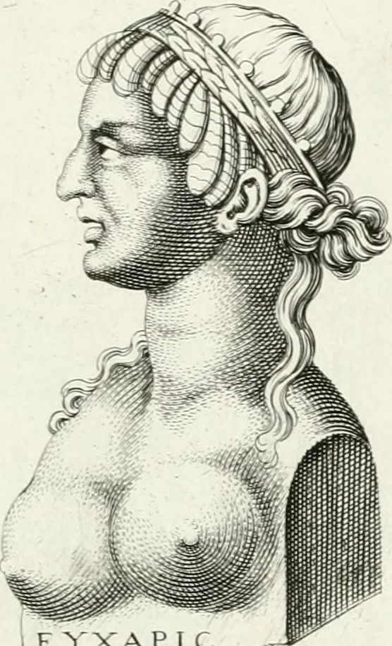 An illustration from Veterum illustrium philosophorum, poetarum, rhetorum, et oratorum imagines : ex vetustis nummis, gemmis, hermis, marmoribus, alijsque antiquis monumentis desumptae, 1685, leaf 130