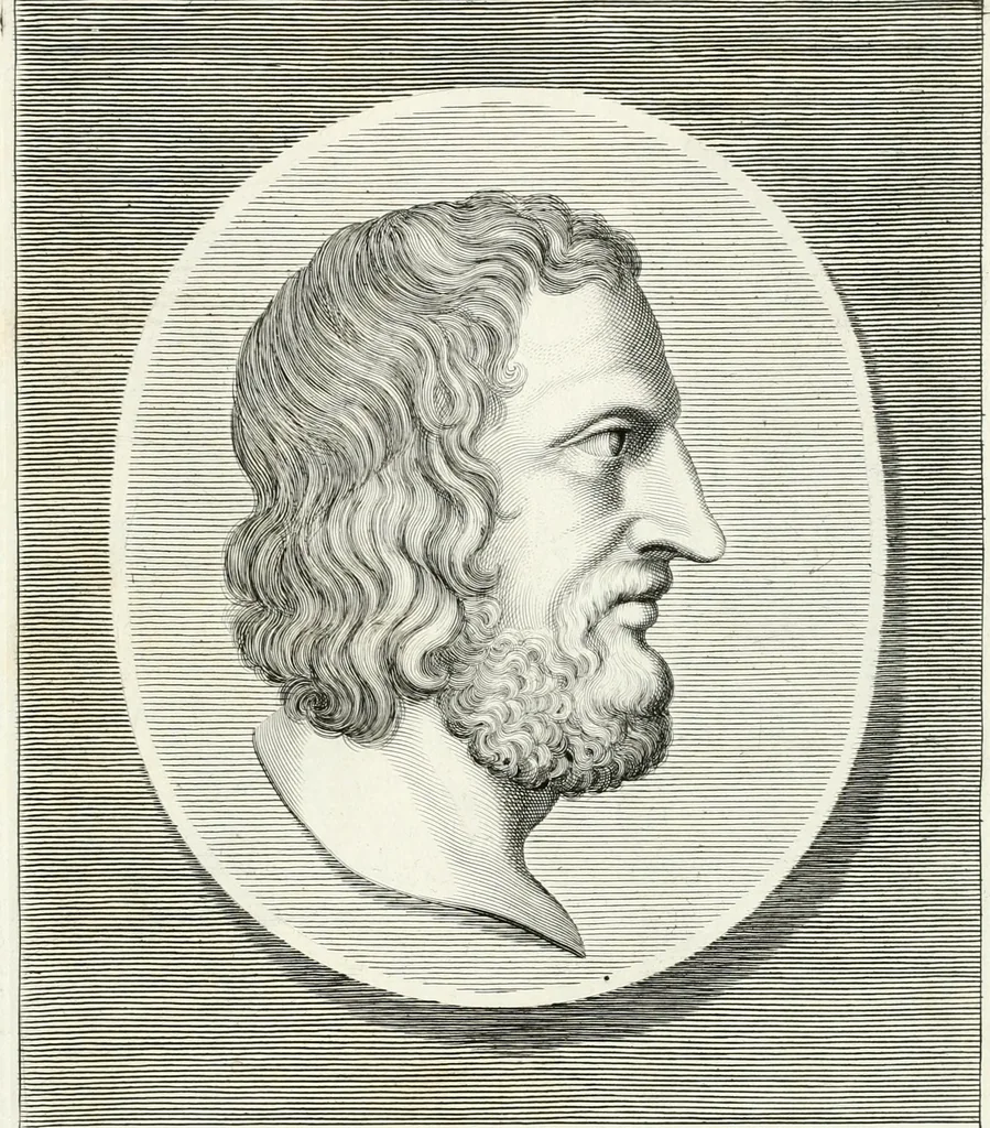 An illustration from Veterum illustrium philosophorum, poetarum, rhetorum, et oratorum imagines : ex vetustis nummis, gemmis, hermis, marmoribus, alijsque antiquis monumentis desumptae, 1685, leaf 136