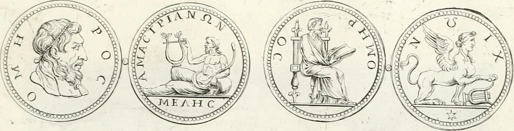 An illustration from Veterum illustrium philosophorum, poetarum, rhetorum, et oratorum imagines : ex vetustis nummis, gemmis, hermis, marmoribus, alijsque antiquis monumentis desumptae, 1685, leaf 142