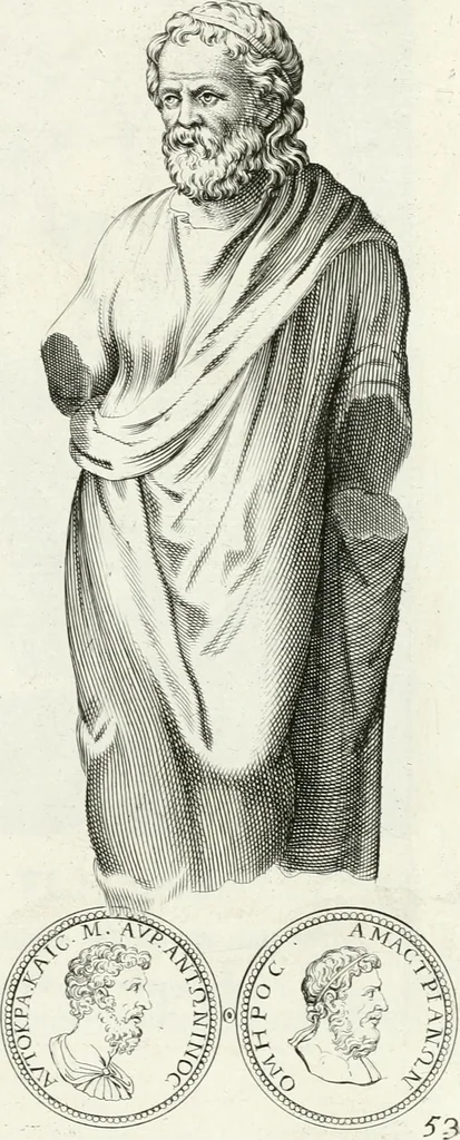 An illustration from Veterum illustrium philosophorum, poetarum, rhetorum, et oratorum imagines : ex vetustis nummis, gemmis, hermis, marmoribus, alijsque antiquis monumentis desumptae, 1685, leaf 142