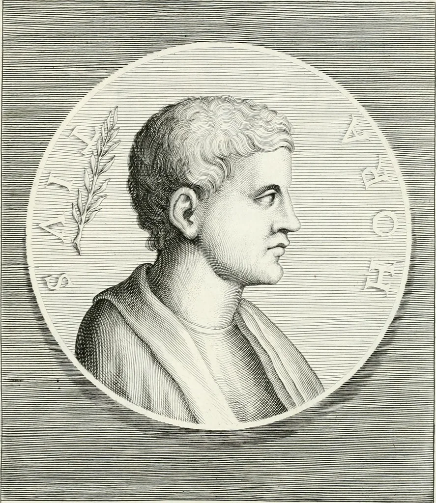 An illustration from Veterum illustrium philosophorum, poetarum, rhetorum, et oratorum imagines : ex vetustis nummis, gemmis, hermis, marmoribus, alijsque antiquis monumentis desumptae, 1685, leaf 144