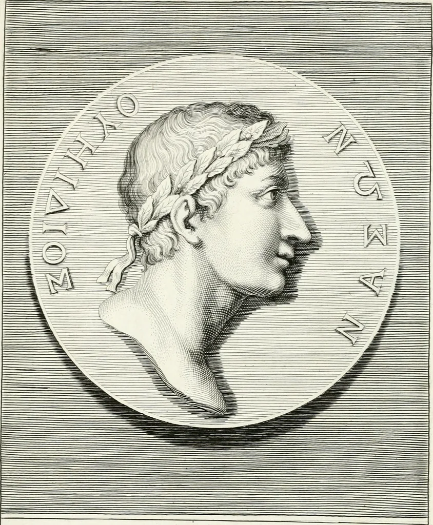 An illustration from Veterum illustrium philosophorum, poetarum, rhetorum, et oratorum imagines : ex vetustis nummis, gemmis, hermis, marmoribus, alijsque antiquis monumentis desumptae, 1685, leaf 150